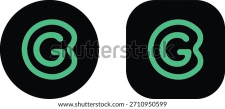 Clean letter G monogram icons in neon green on black. Two variants included: circle and rounded-square app badges. Flat, minimal, and perfect for UI kits, placeholders, mockups, and app design. Editable EPS10 vector.
