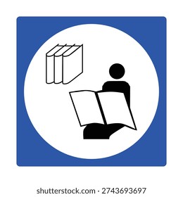 Clean library icon featuring a person reading an open book with stacked books symbol inside a blue rounded square. Ideal for schools, universities, public libraries, study rooms, and educational institutions. High-contrast vector design perfect for signage, wayfinding systems, apps, and academic materials.