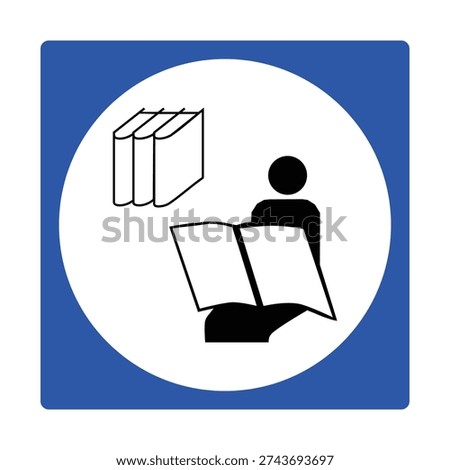 Clean library icon featuring a person reading an open book with stacked books symbol inside a blue rounded square. Ideal for schools, universities, public libraries, study rooms, and educational institutions. High-contrast vector design perfect for signage, wayfinding systems, apps, and academic materials.