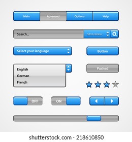 Clean Light Blue User Interface Controls. Web Elements. Website, Software UI: Buttons, Switchers, Slider, Arrows, Drop-down, Navigation Bar, Menu, Tooltip, Check Box, Radio, Scroller, Input Search 