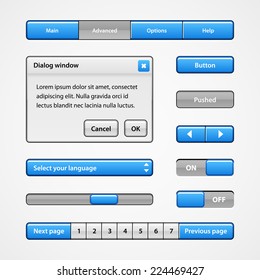 Clean Light Blue User Interface Controls. Web Elements. Website, Software UI: Buttons, Switchers, Slider, Arrows, Drop-down, Navigation Bar, Menu, Scroller, Dialog Window, Pagination 