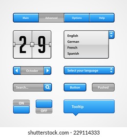 Clean Light Blue User Interface Controls. Web Elements. Website, Software UI: Buttons, Switchers, Arrows, Drop-down, Navigation Bar, Menu, Tooltip, Date, Calendar, Search 