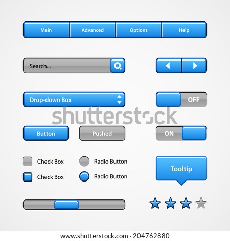 Clean Light Blue User Interface Controls. Web Elements. Website, Software UI: Buttons, Switchers, Slider, Arrows, Drop-down, Navigation Bar, Menu, Tooltip, Check Box, Radio, Scroller, Input Search 