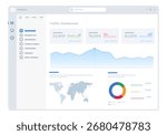 clean light themed digital dashboard data analytics business intelligence with charts graphs and world map display performance metrics business reports traffic statistics in modern interface