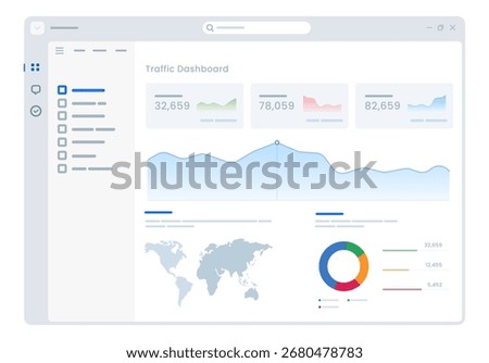 clean light themed digital dashboard data analytics business intelligence with charts graphs and world map display performance metrics business reports traffic statistics in modern interface
