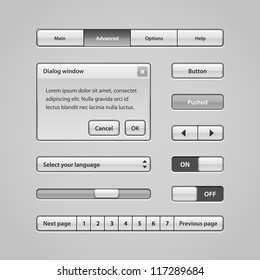 Clean Light User Interface Controls 3. Web Elements. Website, Software UI: Buttons, Switchers, Slider, Arrows, Drop-down, Navigation Bar, Menu, Scroller, Dialog Window, Pagination