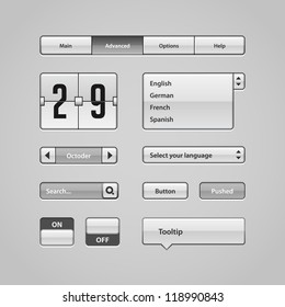 Clean Light User Interface Controls 4. Web Elements. Website, Software UI: Buttons, Switchers, Arrows, Drop-down, Navigation Bar, Menu, Tooltip, Date, Calendar, Search
