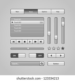 Clean Light User Interface Controls 6. Web Elements. Website, Software UI: Buttons, Switchers, Arrows, Drop-down, Navigation Bar, Menu, Search, Equalizer, Mixer, Levels, Play List, Player, Progress