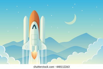 Clean and light vector launching rocket illustration. Flying space shuttle taking off from the ground. Far mountains on the background. Represents development, progress and high technology level.