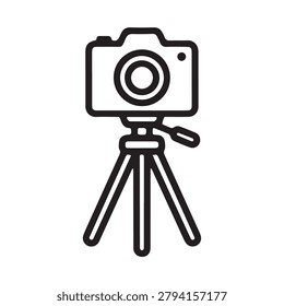 Clean line art of a camera mounted on a sturdy tripod.