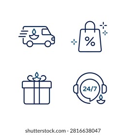 Clean line art collection representing e-commerce logistics shopping promotions and customer support during celebrations. Ideal for retail marketing.