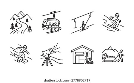 Clean line art depicting winter recreation activities like skiing and snowboarding with essential resort infrastructure and safety elements for promotional use.