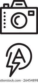 Clean Line Art Depiction of a Camera and Flash Symbol with Bold Black Outlines and Minimalist Design