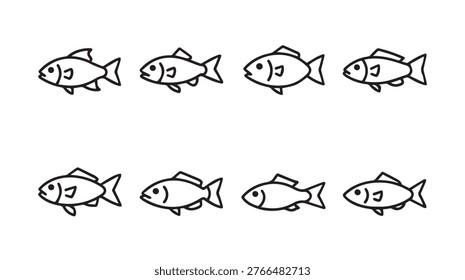 Clean line art eight identical stylized fish icons arranged in two rows symbolizing a school