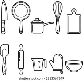 Clean line art of essential kitchen items for culinary design projects.