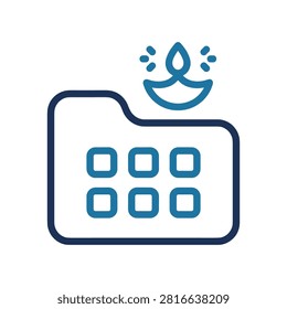Clean line art graphic representing a folder with a grid layout adorned by diya lamp symbolizing festival event management and joyous occasions. Ideal for cultural planning.