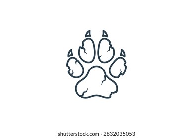 A clean line art graphic representing a wolf or canine paw print with distinct claw markings isolated on a plain background