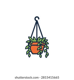 Clean line art graphic of a trailing vine plant in a terracotta-colored planter ideal for home decor or gardening concepts.