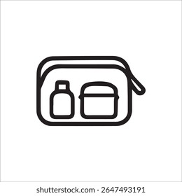 A clean line art icon depicting a toiletry bag with two bottles or containers inside, ideal for illustrating travel, hygiene, personal care, and organization concepts in various digital.