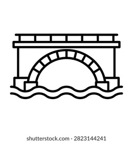 A clean line art icon depicting a classic stone arch bridge spanning over a river or stream. Perfect for construction projects, urban planning, or travel signage.