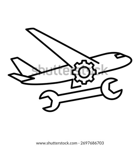 A clean line art icon depicting an airplane with a gear and wrench, representing aviation maintenance, repair, and engineering services for aircraft operations.