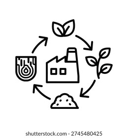 Clean line art icon illustrating an industrial cyclical process from raw materials to finished goods. This concept graphic is ideal for sustainability reports, manufacturing process explanations, or corporate environmental initiatives.