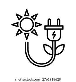 Clean line art icon merging sun and electrical plug imagery. Symbolizes renewable energy and sustainable power. Ideal for technology, environmental campaigns, or eco-focused branding.