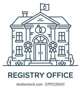 A clean line art icon representing a registry office building decorated with wedding rings and floral wreaths for civil marriage ceremonies.