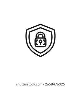 Un icono de arte lineal limpio de un escudo con un candado en su centro, que simboliza la seguridad, la protección de datos o un escudo bloqueado.