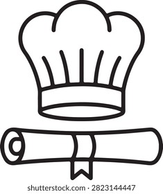Clean line art icon signifying culinary mastery and formal training. Perfect for gastronomic education promotions and professional kitchen accreditation.
