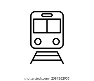 Clean line art icon of a train on tracks. Perfect for transportation, travel, public transit, or app design.  Simple, modern style ensures versatility. Ideal for websites, brochures, and infographics.