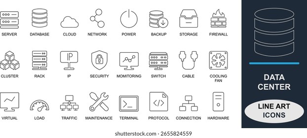  Limpie los iconos de arte de línea del centro de datos, incluidos el servidor, la base de datos, la nube, el firewall, la red, la copia de seguridad, la energía, el almacenamiento, el monitor y el acceso. Ideal para App de interfaz de usuario y TI.