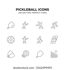 Clean line art icons depicting various aspects of pickleball including paddles balls players and the court Ideal for websites apps or any project related to pickleball Perfect 256x256 pixel dimensions