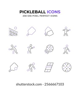 Clean line art icons depicting various aspects of pickleball including paddles balls players and the court Ideal for websites apps or any project related to pickleball Perfect 256x256 pixel dimensions