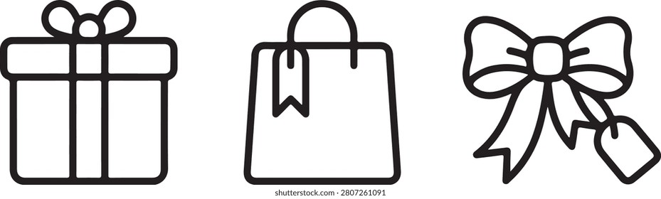 Clean line art icons of gift box, shopping bag, and decorative bow ribbon for modern design projects.