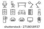 Clean line art icons representing various office and home essentials: chairs, desks, lamps, filing cabinets, a sofa, a bookshelf, water coolers, printers, a computer monitor, and a potted plant.