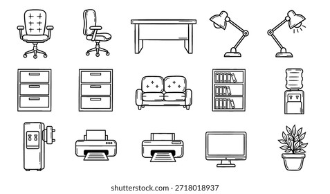 Iconos de arte de línea limpia que representan varios elementos esenciales para la oficina y el hogar: sillas, escritorios, lámparas, archivadores, un sofá, una estantería, enfriadores de agua, impresoras, un monitor de computadora y una planta en maceta.