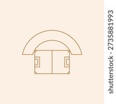 A clean line art illustration combining a soccer pitch diagram with a large overarching semi-circular roof, representing a sports stadium or arena.