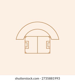 A clean line art illustration combining a soccer pitch diagram with a large overarching semi-circular roof, representing a sports stadium or arena.