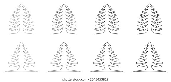 A clean line art illustration of a coniferous tree, resembling cedar, pine, or fir. cedar tree outline, minimalist tree drawing, tree for coloring book, cedar icon, cedar logo, abstract evergreen art