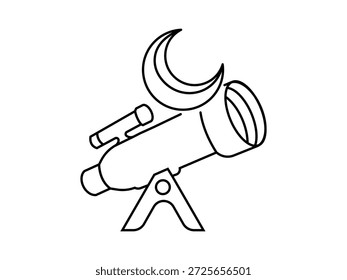 Reine Linie Kunstdarstellung mit einem Teleskop, das einen Halbmond beobachtet. Ideal für Wissenschaft, Astronomie und Forschungsthemen, die Entdeckungen und Himmelsbeobachtungen vermitteln.