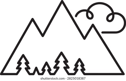 A clean line art illustration featuring mountain peaks, a small coniferous forest, and a stylized cloud. This simple vector graphic is ideal for travel branding and outdoor themes.