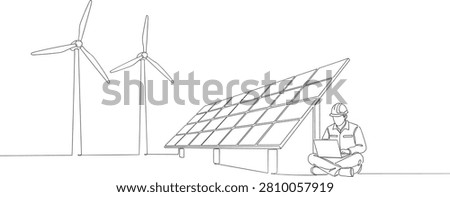 A clean line art illustration featuring solar panels, wind turbines, and an engineer monitoring renewable energy systems with a laptop. Ideal for sustainability, green technology, clean energy, environmental education, engineering, business presentations, and editorial design projects.