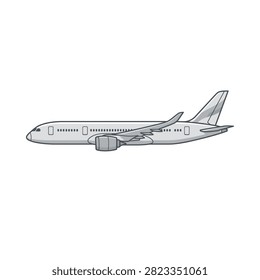 A clean line art illustration of a modern jet airplane shown from a side profile against a white background.