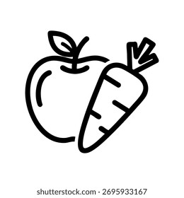 A clean line art illustration showing an apple next to a carrot, representing healthy food choices and balanced nutrition. It symbolizes fresh produce and natural ingredients.