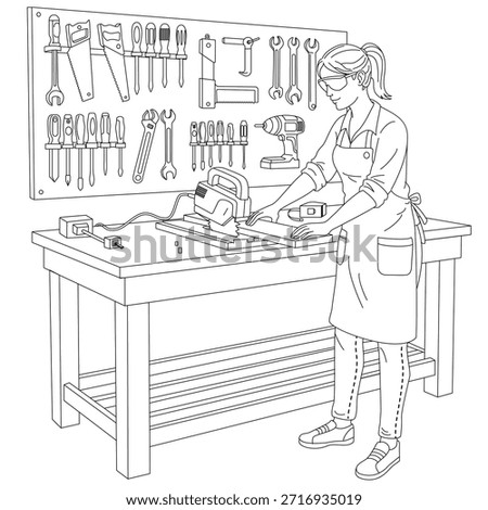 A clean line art illustration of a skilled female artisan working at a workbench, using a power saw to cut wood in a professional tool workshop. Perfect for DIY, craftsmanship, or coloring page themes.