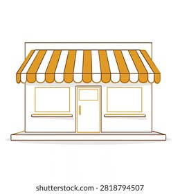 A clean line art illustration of a small storefront shop with a striped awning and two windows