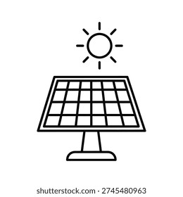 Clean line art illustration of a solar panel under a sun symbol. Represents renewable energy and sustainable power solutions. Ideal for environmental campaigns, tech websites, or corporate sustainability reports.