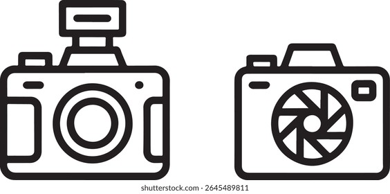 Clean Line Art Illustration of Two Cameras Depicting Photography Tools for Hobbyists and Professionals in Black and White