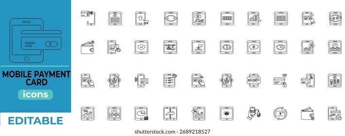 Conjunto de iconos de tarjeta de pago móvil de arte lineal limpio para fintech, billetera digital, banca, interfaz de usuario y uso de diseño de App